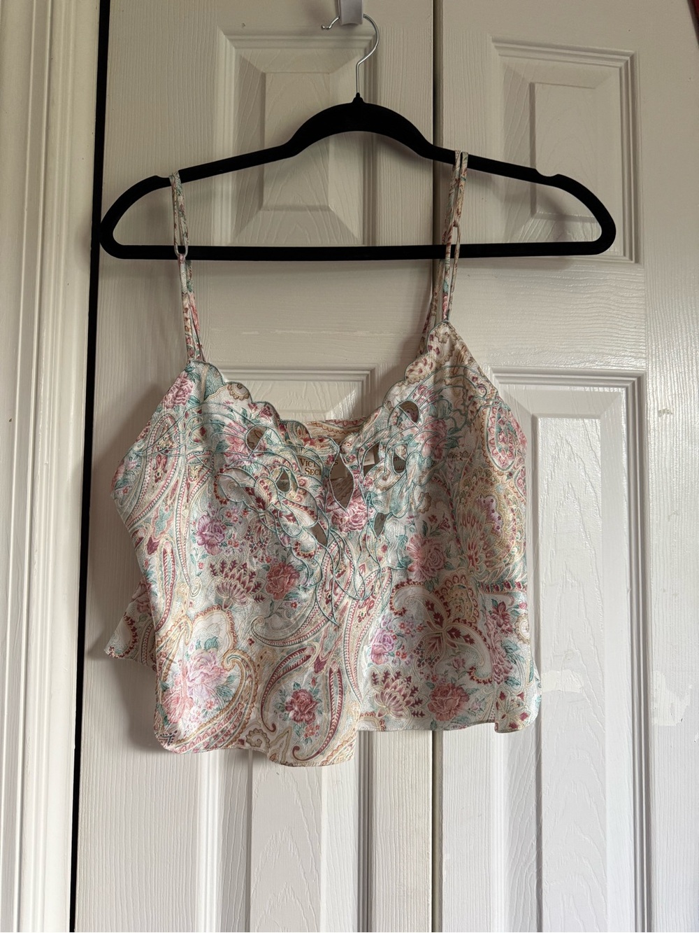 Y2k vintage Victoria's Secret Paisley Lace-Up Cami Top - White, Pink, Mint